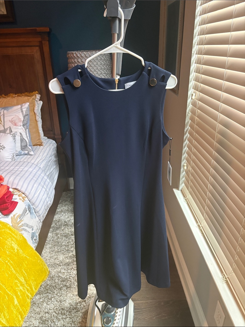 Calvin Klein Navy Sleeveless A-Line Dress with Gold Button Details